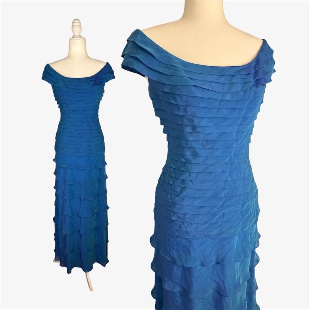Blue Tadashi Collection off the shoulder formal gown dress ruffles tiered - US 2